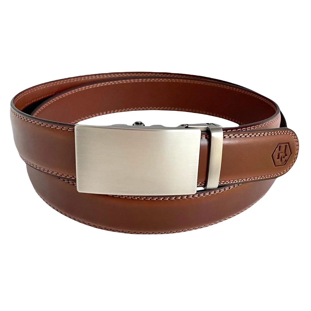 Brown leather ratchet belt with long gunmetal rectangle buckle, front view
