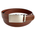 Brown leather ratchet belt with long gunmetal rectangle buckle, front view