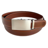 Brown leather ratchet belt with long gunmetal rectangle buckle, front view
