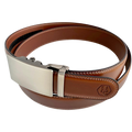 Brown leather ratchet belt with long gunmetal rectangle buckle, side view with hardware