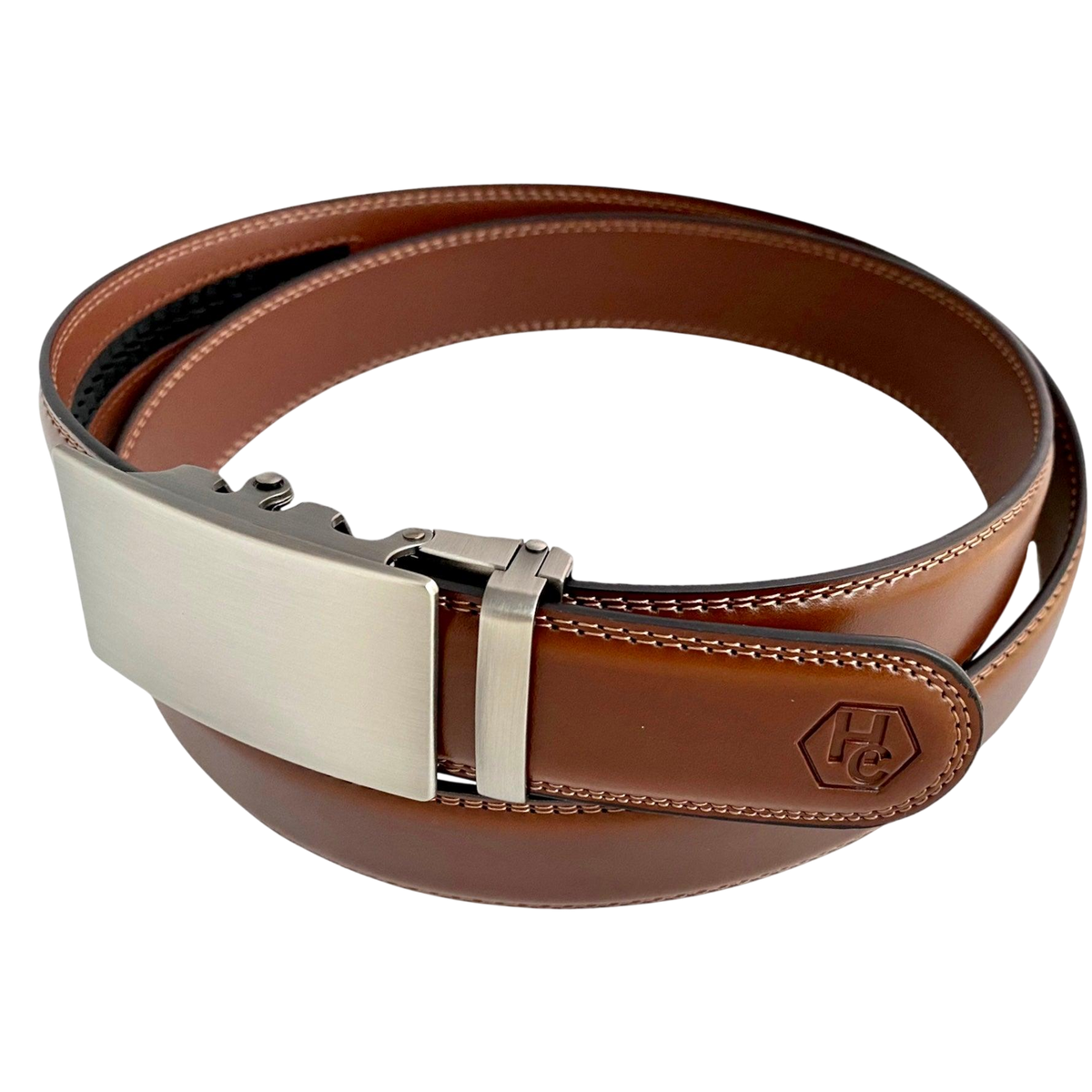 Brown leather ratchet belt with long gunmetal rectangle buckle, side view with hardware