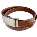 Brown leather ratchet belt with long gunmetal rectangle buckle, side view with hardware
