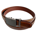 Brown leather dress ratchet belt with saffiano effect buckle, buckle detail close-up