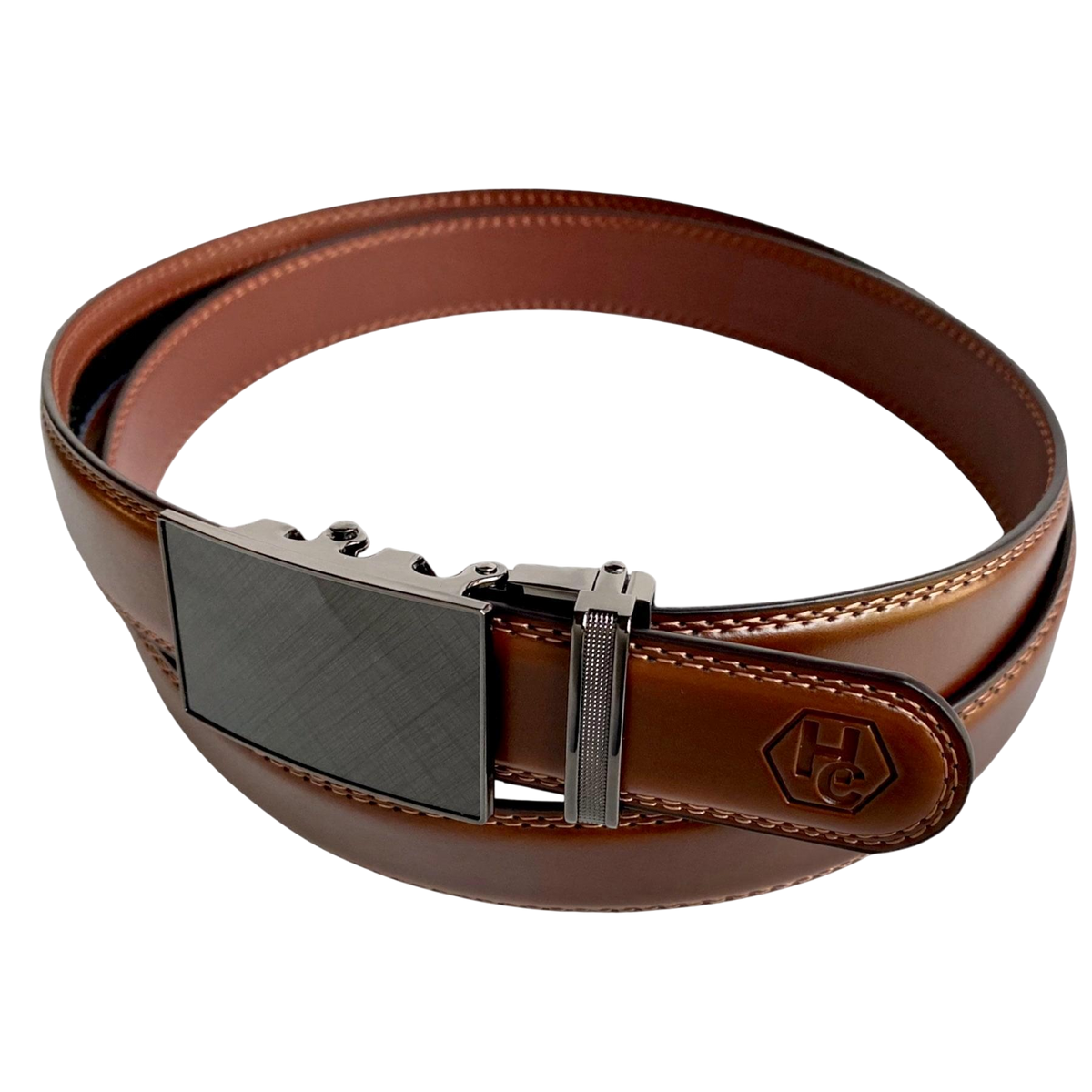 Brown leather dress ratchet belt with saffiano effect buckle, buckle detail close-up
