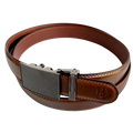 Brown leather dress ratchet belt with saffiano effect buckle, buckle detail close-up