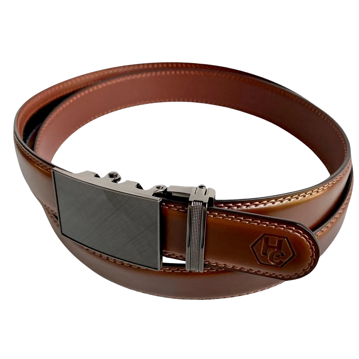 Brown leather dress ratchet belt with saffiano effect buckle, buckle detail close-up