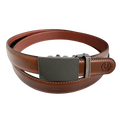 Brown leather dress ratchet belt with saffiano effect buckle, front view