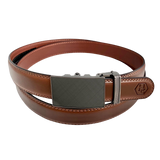 Brown leather dress ratchet belt with saffiano effect buckle, front view
