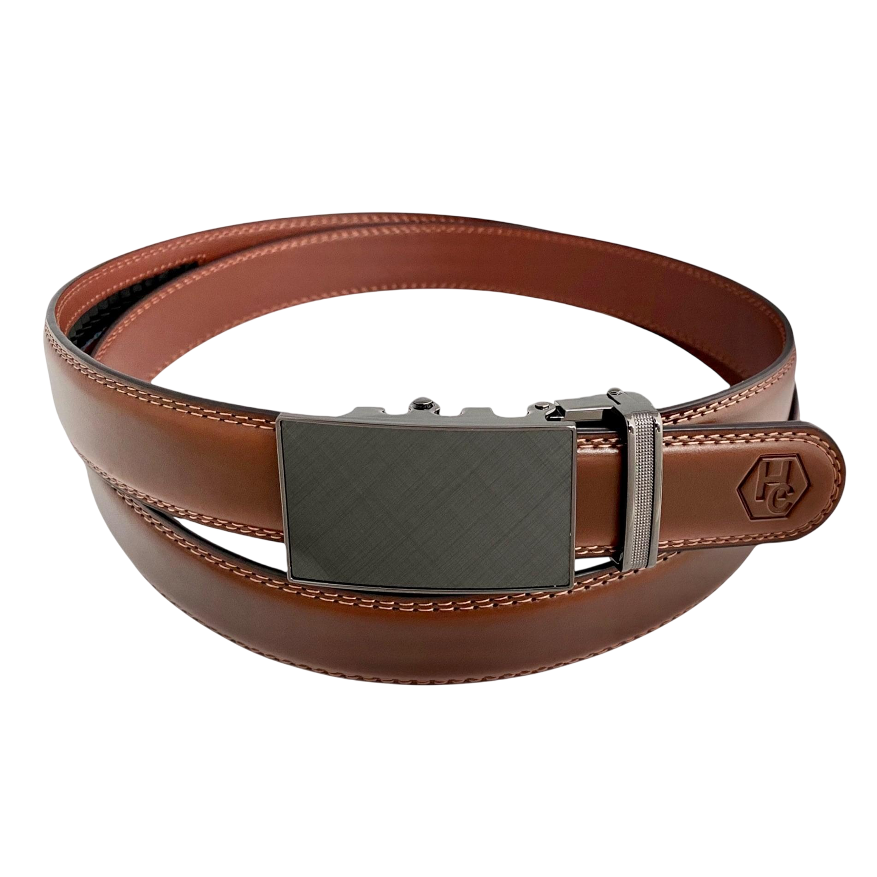 Brown leather dress ratchet belt with saffiano effect buckle, front view