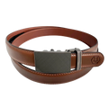 Brown leather dress ratchet belt with saffiano effect buckle, front view