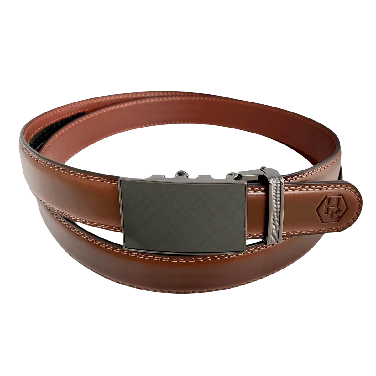 Brown leather dress ratchet belt with saffiano effect buckle, front view