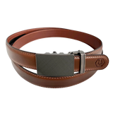 Brown leather dress ratchet belt with saffiano effect buckle, front view