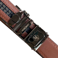 Brown leather dress ratchet belt with saffiano effect buckle, hardware close-up