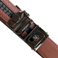 Brown leather dress ratchet belt with saffiano effect buckle, hardware close-up