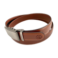 Brown leather ratchet belt with silver buckle, buckle detail close-up