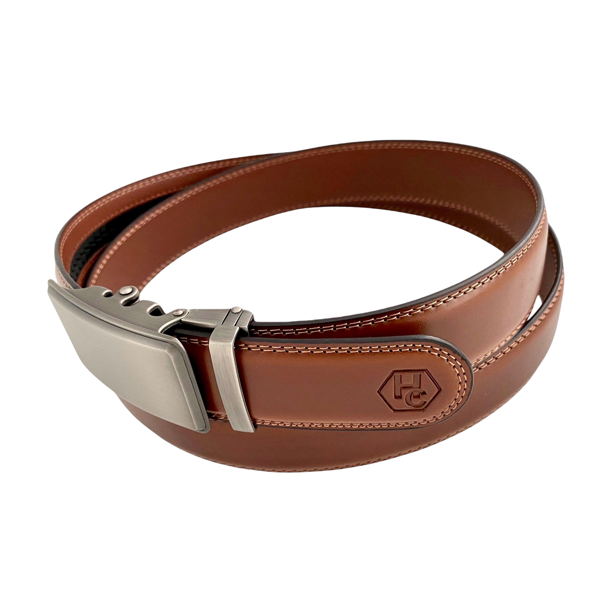 Brown leather ratchet belt with silver buckle, buckle detail close-up