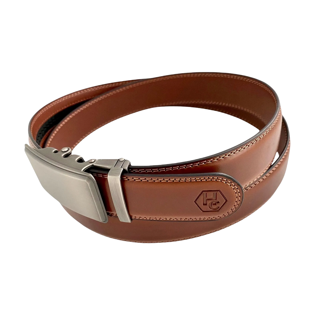 Brown leather ratchet belt with silver buckle, buckle detail close-up