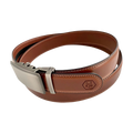 Brown leather ratchet belt with silver buckle, buckle detail close-up