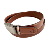 Brown leather ratchet belt with silver buckle, buckle detail close-up