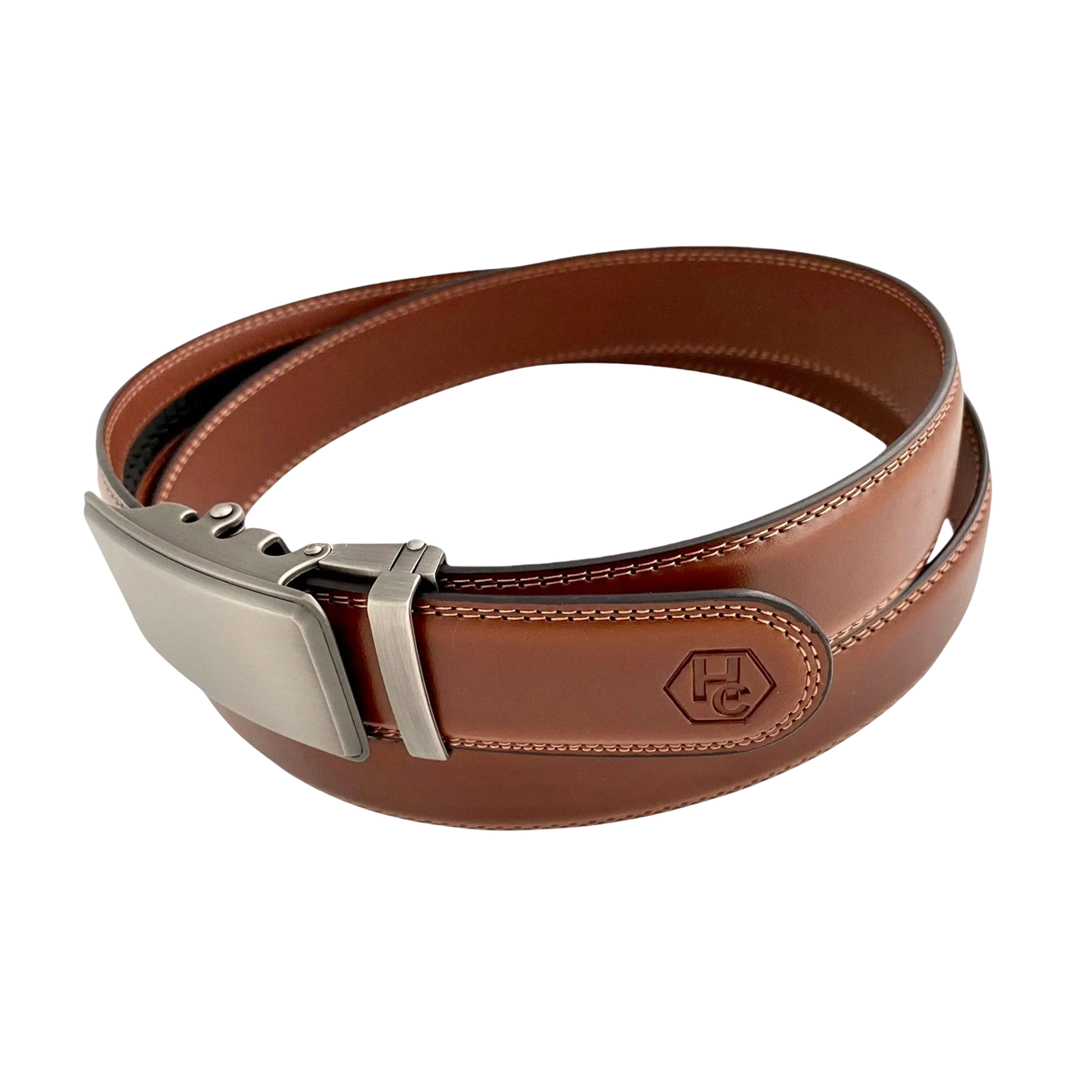 Brown leather ratchet belt with silver buckle, buckle detail close-up