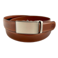 Brown leather ratchet belt with silver buckle, front view