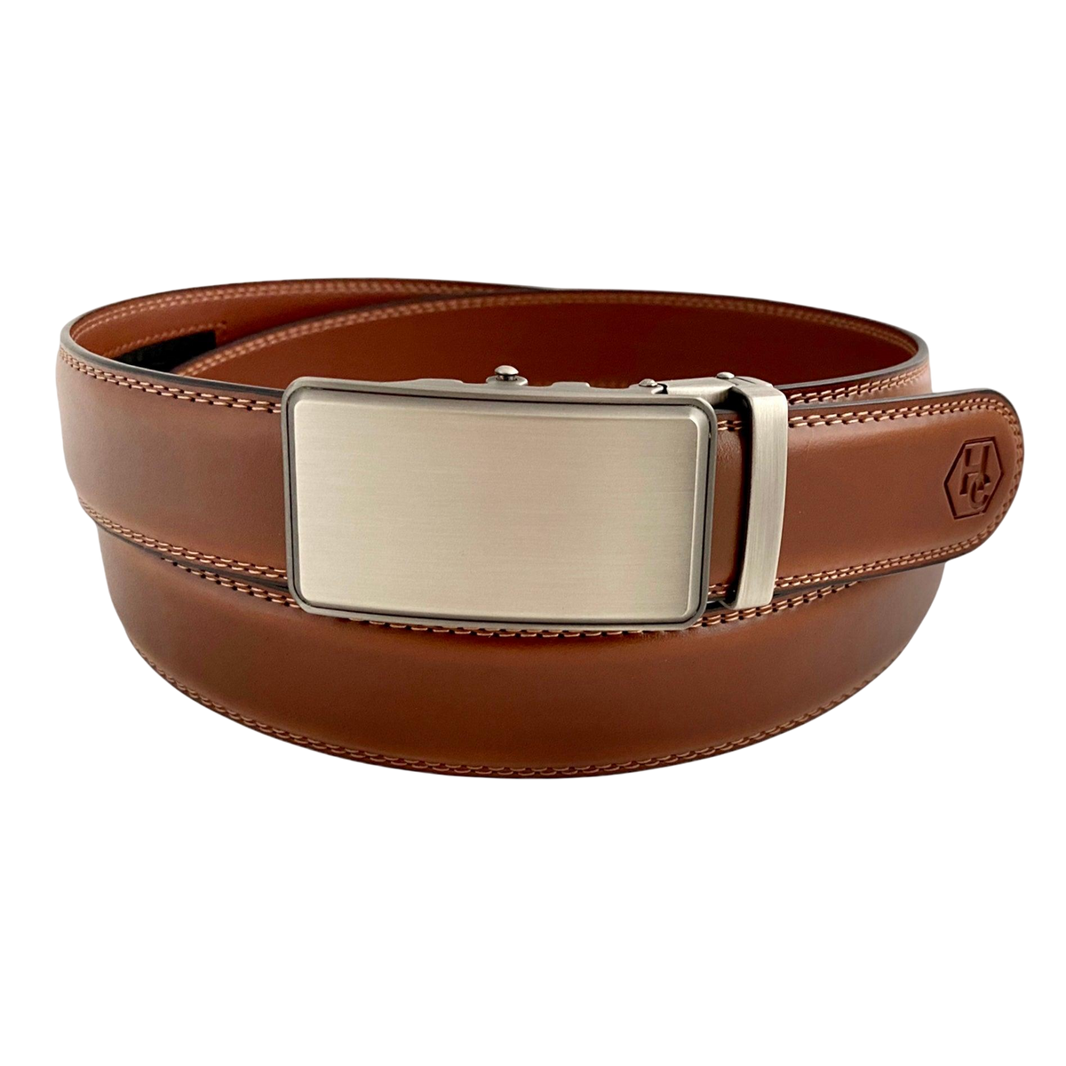 Brown leather ratchet belt with silver buckle, front view