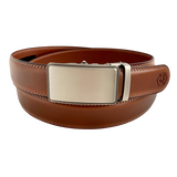 Brown leather ratchet belt with silver buckle, front view