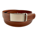 Brown leather ratchet belt with silver buckle, front view