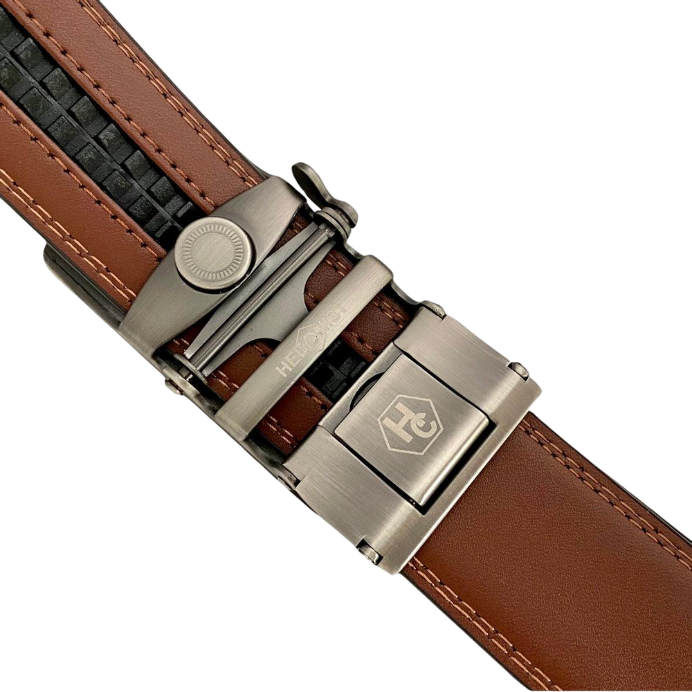 Brown leather ratchet belt with silver buckle, hardware close-up