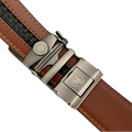 Brown leather ratchet belt with silver buckle, hardware close-up