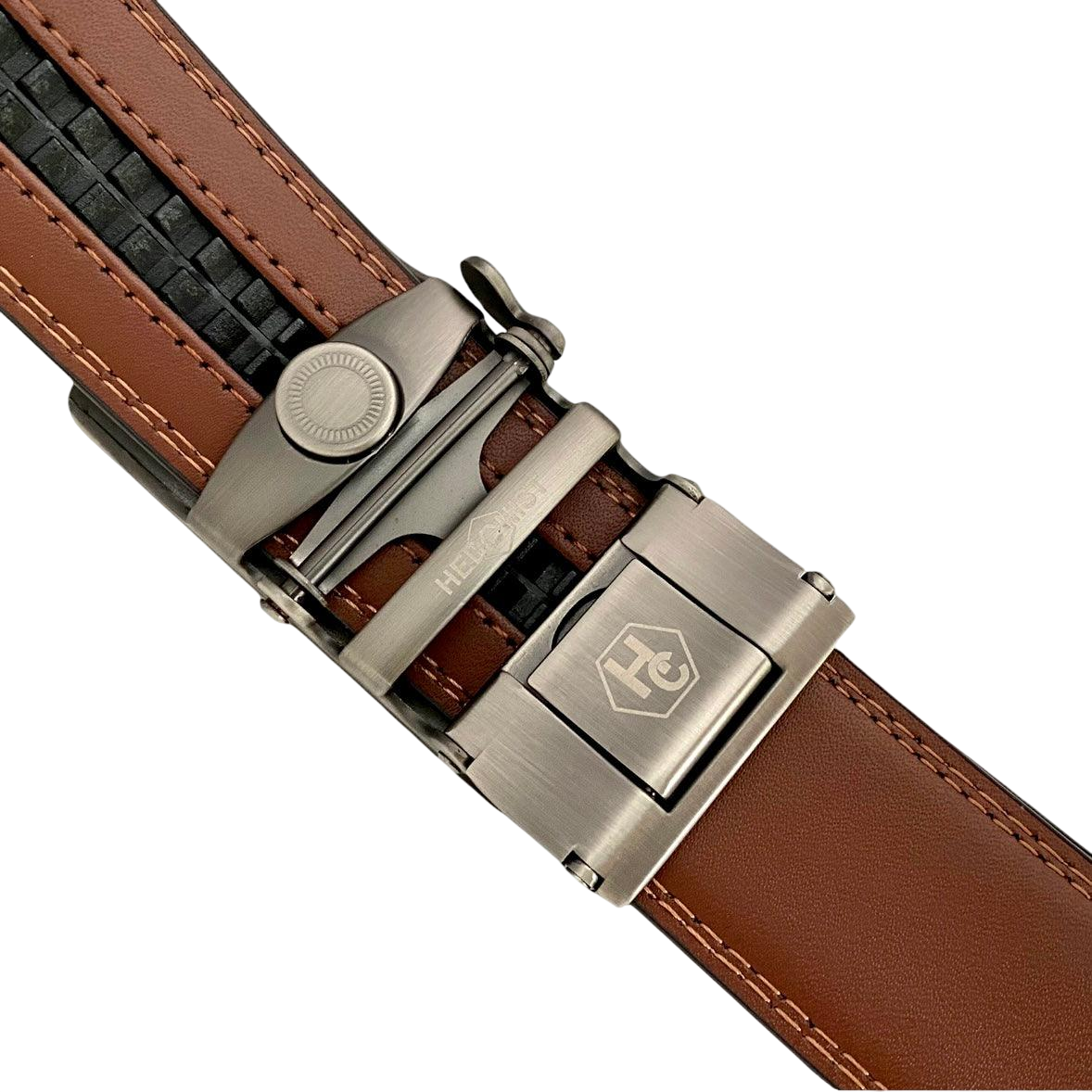 Brown leather ratchet belt with silver buckle, hardware close-up