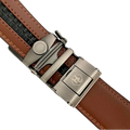 Brown leather ratchet belt with silver buckle, hardware close-up