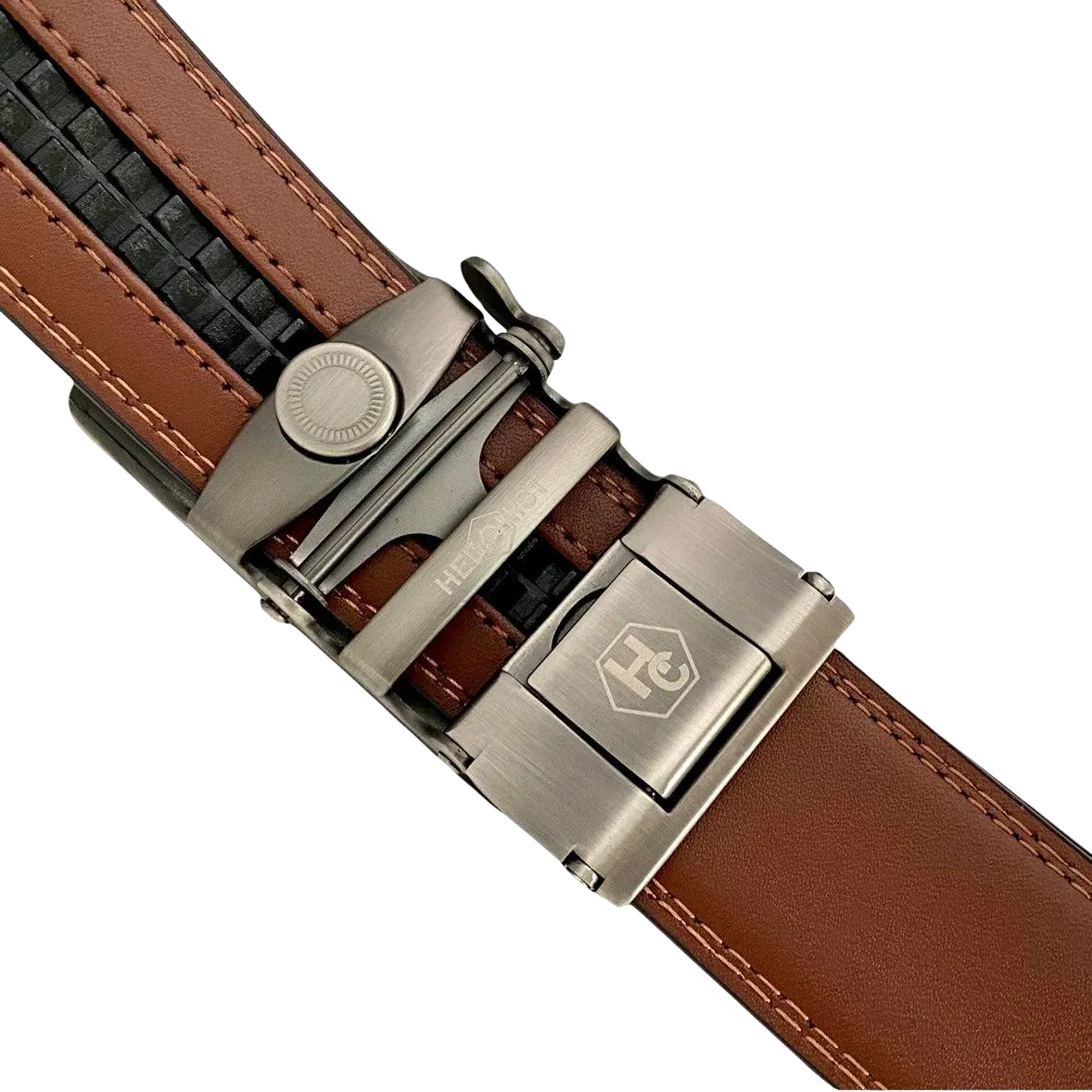 Brown leather ratchet belt with silver buckle, hardware close-up
