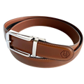 Brown leather ratchet belt with silver hollow buckle, buckle detail close-up