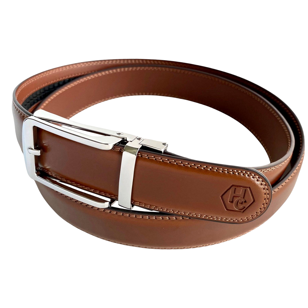 Brown leather ratchet belt with silver hollow buckle, buckle detail close-up