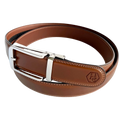 Brown leather ratchet belt with silver hollow buckle, buckle detail close-up