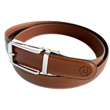Brown leather ratchet belt with silver hollow buckle, buckle detail close-up