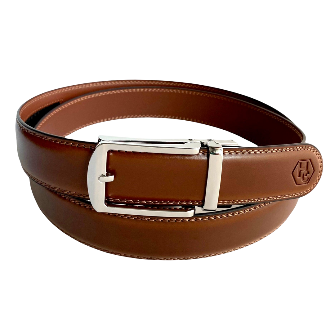 Brown leather ratchet belt with silver hollow buckle, front view