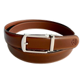 Brown leather ratchet belt with silver hollow buckle, front view
