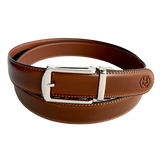 Brown leather ratchet belt with silver hollow buckle, front view