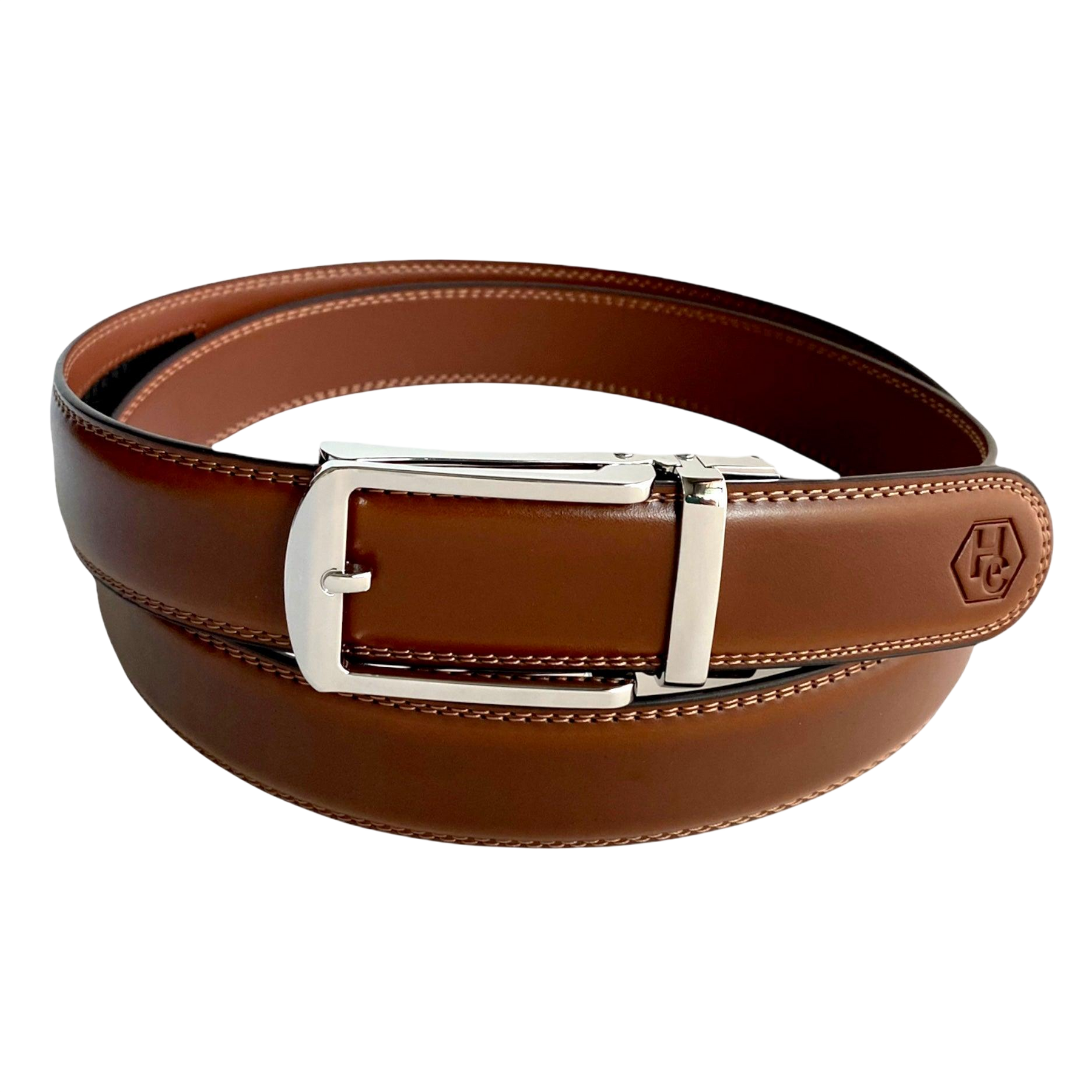 Brown leather ratchet belt with silver hollow buckle, front view