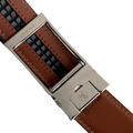 Brown leather ratchet belt with silver hollow buckle, hardware close-up