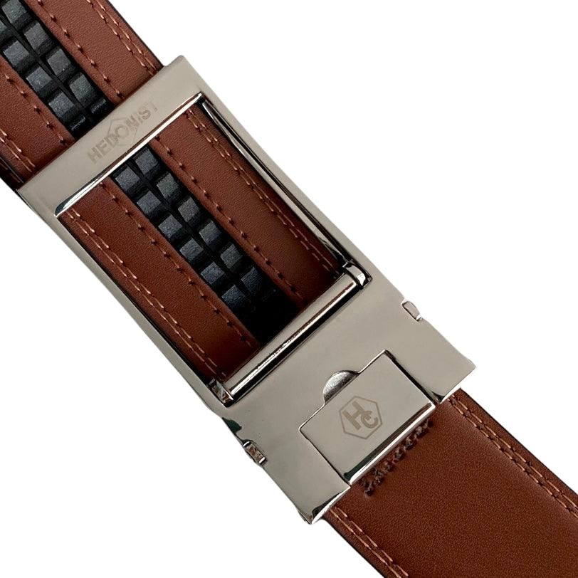 Brown leather ratchet belt with silver hollow buckle, hardware close-up