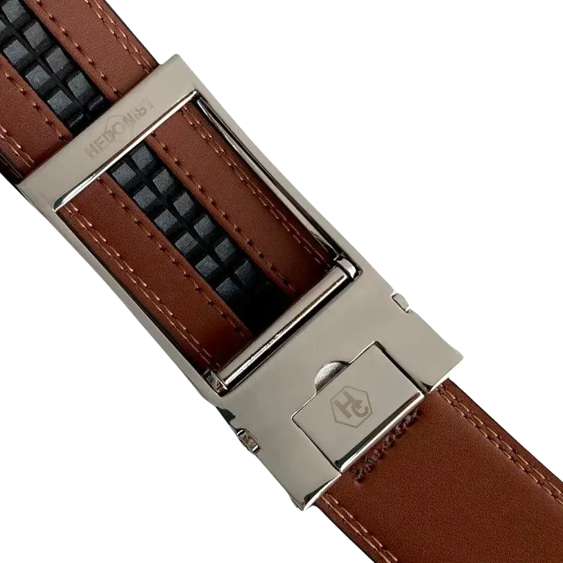 Brown leather ratchet belt with silver hollow buckle, hardware close-up