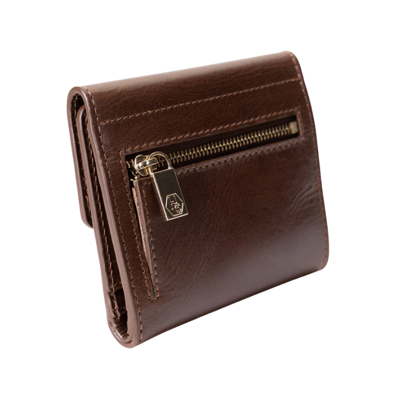 Small brown leather snap wallet for women, coin compartment detail