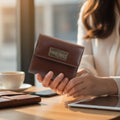 Person holding a brown leather wallet with a visible brand logo on a wooden table.