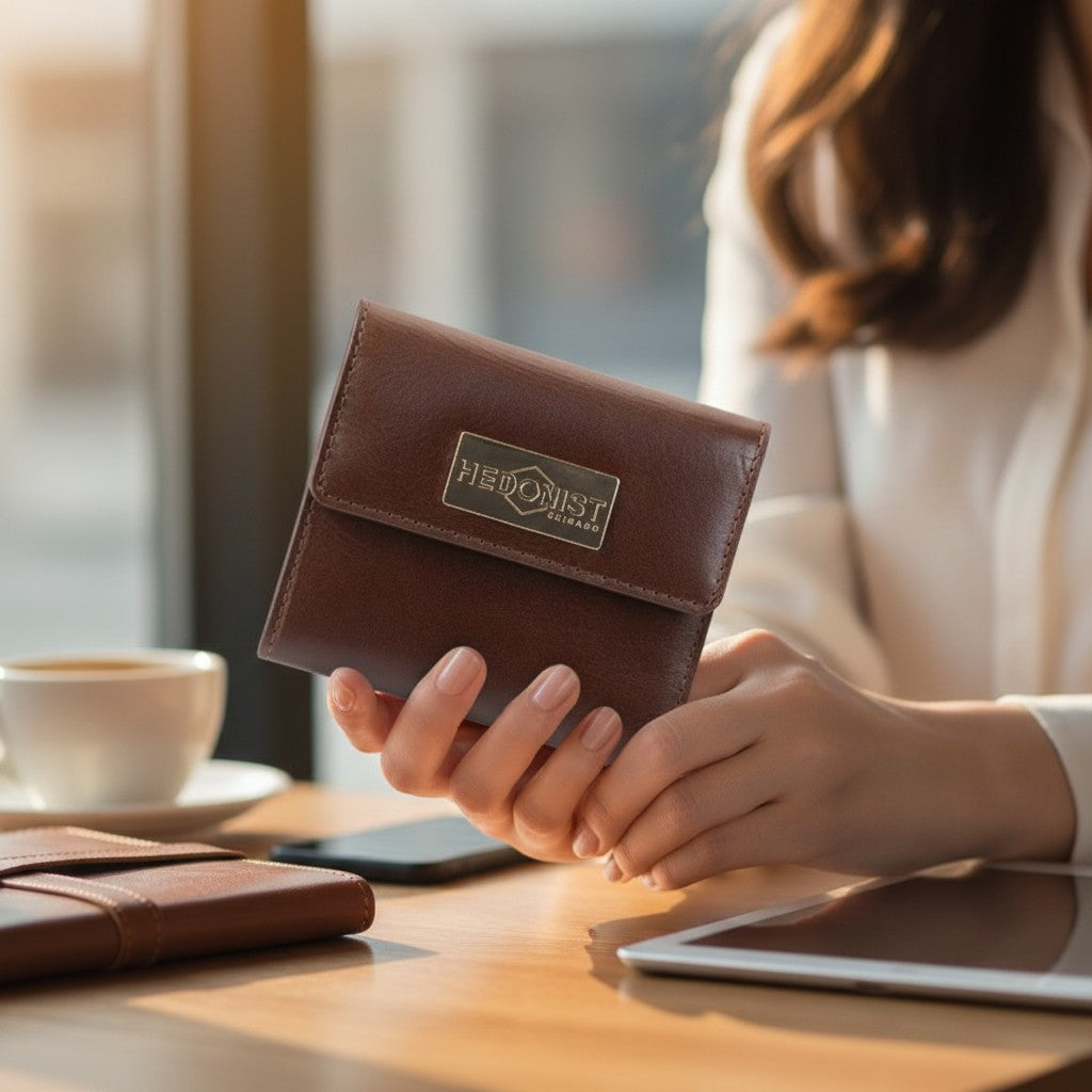 Person holding a brown leather wallet with a visible brand logo on a wooden table.
