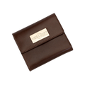 Small brown leather snap wallet for women, snap closure detail