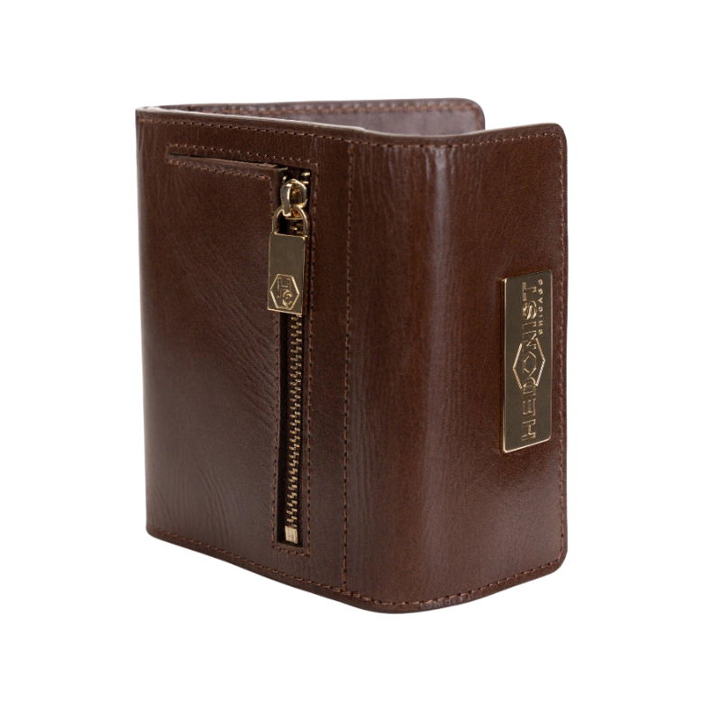 Small brown leather snap wallet for women, zipper compartment detail