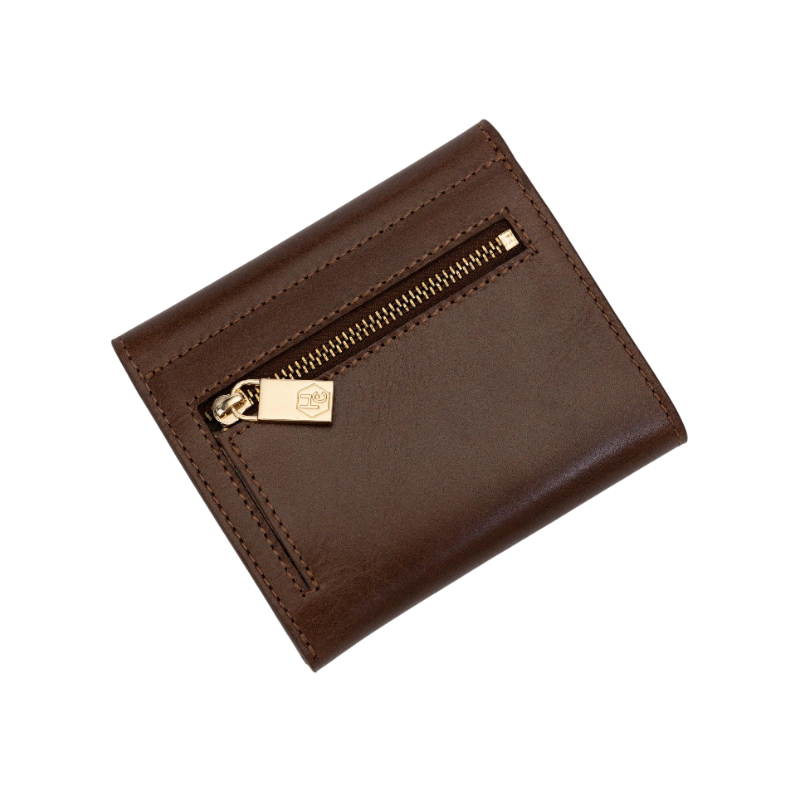 Small brown leather snap wallet for women, zippered coin pocket interior